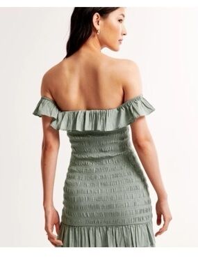 Abercrombie Off-The-Shoulder Smocked Mini Dress Medium Petite, Sage, 100% Cotton